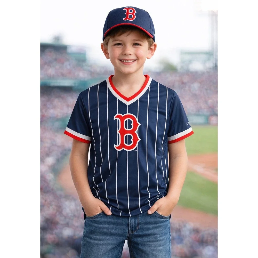 True‎ Fan Boston Red Sox Youth Jersey Navy Blue Pinstripe MLB Shirt Large L